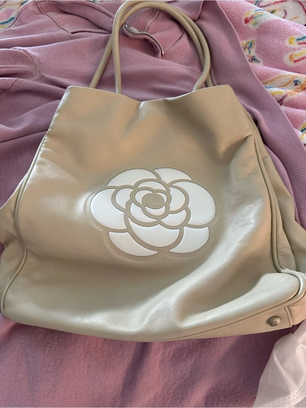 CHANEL Cream Shoulder Bag with White Camellia Motif